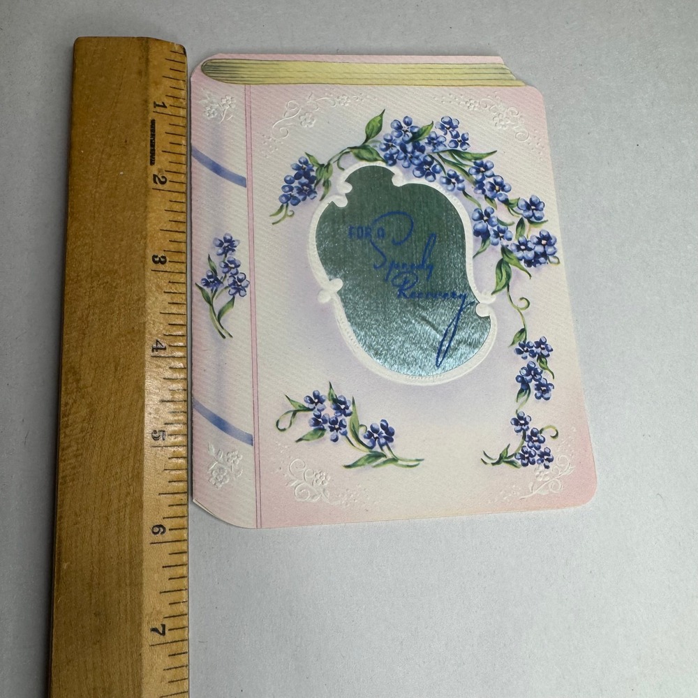 Vintage Get Well Soon Greeting Card Blue Flowers Book Shape Unused 1950s‎ 1960s